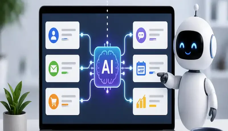 AI automation system with connected workflows, data processing, and intelligent task automation interface