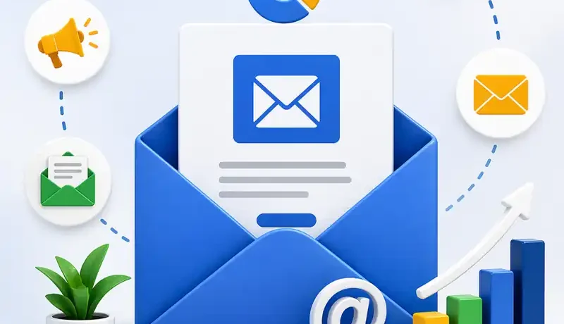 Laptop displaying email marketing campaign dashboard with open rates, subscriber growth, and automated email workflows