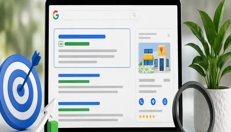 Google search results with sponsored ads listings, PPC dashboard, and performance metrics for lead generation