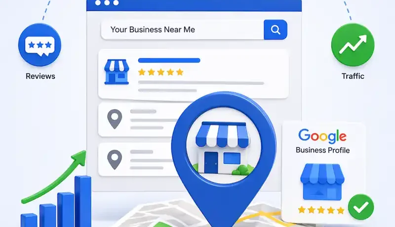 Local business listing with map pin, Google Business Profile, and search results representing local SEO ranking and visibility